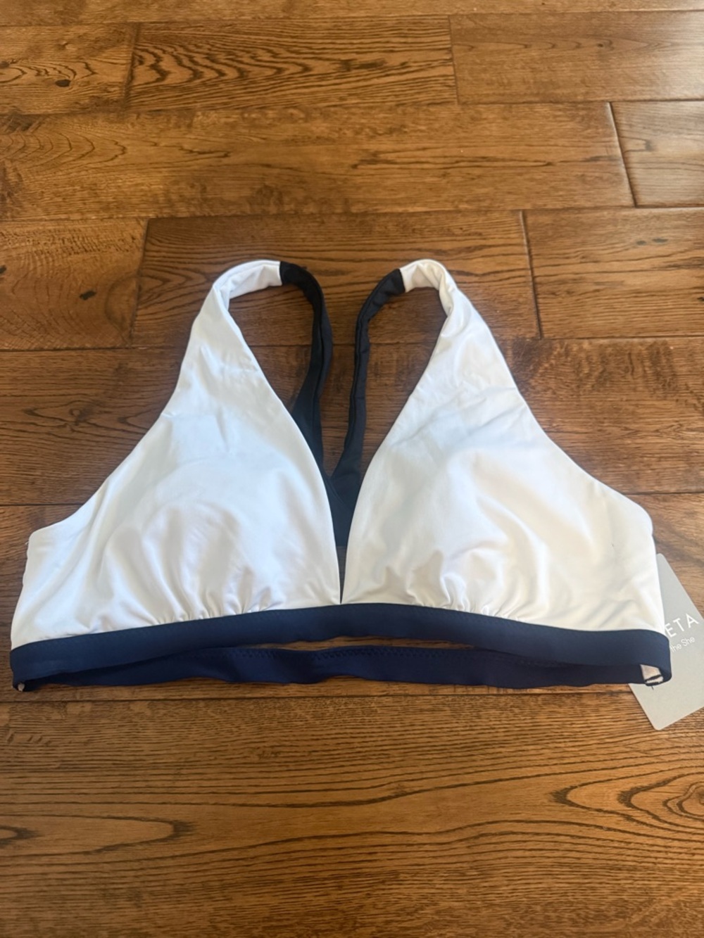 NWT Athleta White Blue Black Colorblock Bikini Swim Top Size Large